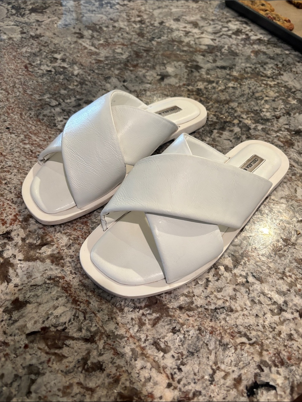 Chelsea & Violet White Crisscross Slide Sandals